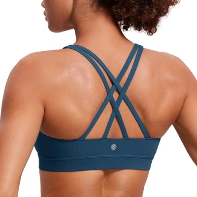 Abbildung von CRZ Yoga Damen Ohne Bügel Sport BH Gekreuzt Rücken Spaghetti Top Abnehmbare Pads Croptop FRANZÖSISCHE Marine L