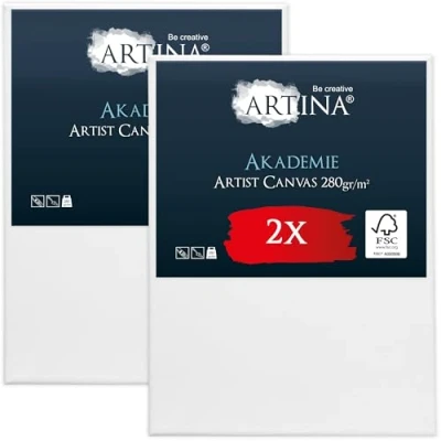 Abbildung von Keilrahmen Leinwand zum Bemalen 70x90 cm Artina FSC® 2er Set bespannte Leinwände malen für Acrylfarben Canvas 100% Baumwolle Acryl Rahmen