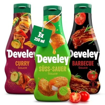 Abbildung von Develey 3er Saucen Bundle, 3*250ml, Süß Sauer, Curry, BBQ Sauce , Squeeze Flaschen