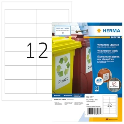 Abbildung von HERMA 4597 Wetterfeste Folienetiketten für Inkjet Drucker, 40 Blatt, 97 x 42,3 mm, 12 pro A4 Bogen, 480 Stück, selbstklebend, bedruckbar, matt, Klebeetiketten Aufkleber Tintenstrahldrucker, weiß