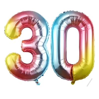 Abbildung von Geburtstag Deko zahlen luftballon 30 jahre Folienballon Regenbogen für 30. Geburtstagsdeko Männer Frauen Ballon Zahl zum fliegt mit Helium