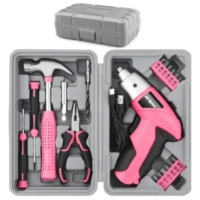 Abbildung von Hi Spec 19 tlg. Werkzeug Set mit 3,6V Pinkem Akkuschrauber. Kleiner Werkzeugkasten gefüllt Hammer, Zange, Bit und USB Elektroschrauber.