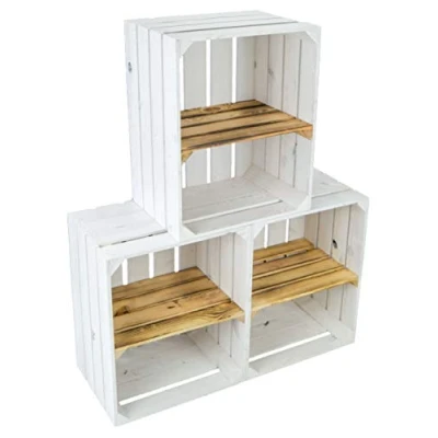 Abbildung von Kistenkolli Altes Land 3er Set Neue Weiße Obstkisten mit geflammten Zwischenbrett quer Weinkiste Wohnzimmerregal Schuhregalkiste Maße 50 x 30 40 cm