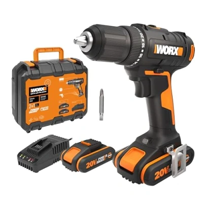 Abbildung von Worx Akku Bohrschrauber WX108, max. 1600 U/min, (Set), zum Bohren &amp; Schrauben, 20+1 Drehmoment, inkl. 2 Akkus Ladegerät