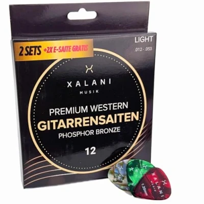Abbildung von XALANI Gitarrensaiten Westerngitarre 012 2er Pack Bonus: 2 hohe E Saiten &amp; 6 Plektren