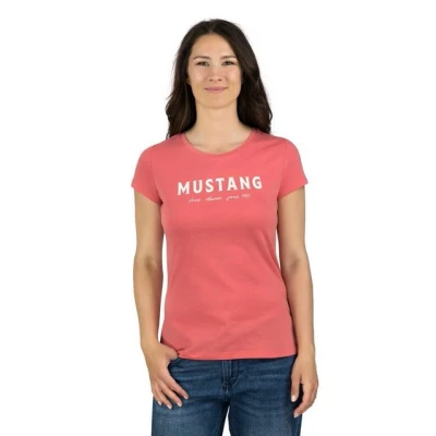 Abbildung von MUSTANG Damen T Shirt Rundhals O Neck Basic Slim Fit Kurzarm Logo Print Sommer 100% Baumwolle Weiß Blau Grün Rot S M L XL XXL, Größe:XL, Farbe:Coral (1014030 8142)
