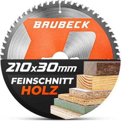 Abbildung von BAUBECK Sägeblatt 210x30 +25.4mm Adapterring 1.8mm Schnitt in Holz, 60 Zähne kompatibel mit Kappsägen von Parkside, Einhell, Scheppach, Lux, Kreissägeblatt 210x30, Kappsägeblatt 210