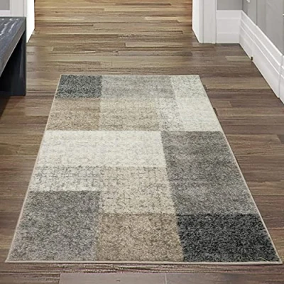 Abbildung von Teppich Traum Moderner Läufer Wohnzimmerteppich mit quadratischen Mustern in grau beige, Größe 80x140 cm