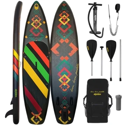 Abbildung von ALPIDEX Stand Up Paddle Set SUP 320 x 76 15 cm max. belastbar bis 200 kg Aufblasbar Stabil Leicht Komplett Tragetasche Paddel Finnen Luftpumpe Leash Repair Kit, Farbe:Black