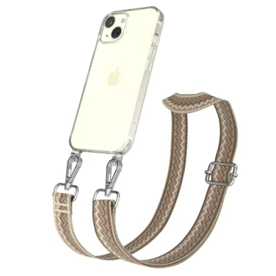 Abbildung von EAZY CASE Handykette Verstellbares Taschenband kompatibel mit iPhone 15, Schulterriemen, Handykordel Silikon Hülle, Umhängetasche, Wellen Hell Braun Metall Silber