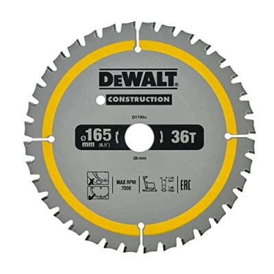 Abbildung von Dewalt Bau Kreissägeblatt Construction für Akku Handkreissäge DT1950 (165/20mm 36WZ, 20 Zahnwinkel, 1,5mm Schnittbreite, feine Schnitte &amp; Aluminium, mit Nail Tough zum Sägen von Holz Nägeln)