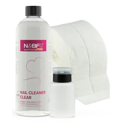 Abbildung von N&amp;BF Nagel Cleaner Set 1000ml + Dispenser Pumpflasche 1000 Zelletten Cellulose Pads (2 Rollen à 500 Stück) 70% Isopropanol Alkohol isopropylalkohol 1L für Gelnägel Nagelreiniger (Schwarz 150)
