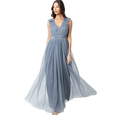 Abbildung von Maya Deluxe Damen Maxi jurk met ruffle schouderdetail Brautjungfernkleid, Dusty Blue, 56 EU