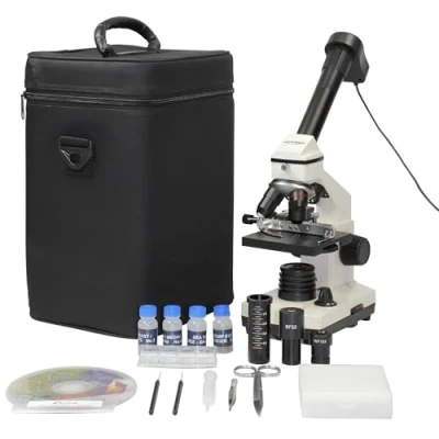 Abbildung von Omegon Mikroskop MonoView, MicroStar, achromat, 1280x, LED Präzise Mikroskopie mit Beleuchtung Für Schule und Hobby Inklusive umfangreichem Zubehör &amp; PC Okular Einfache Handhabung