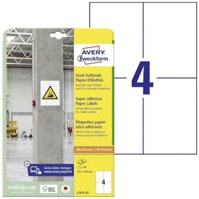 Abbildung von AVERY Zweckform L7876 20 stark haftende Etiketten (80 Aufkleber, 105x148mm auf A4, extrem selbstklebend, auch für schwierige Oberflächen, bedruckbare Power Klebeetiketten) Blatt, weiß