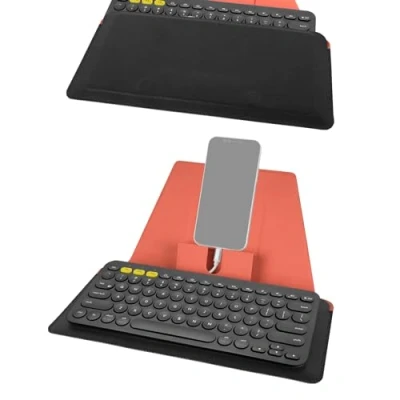 Abbildung von Geekria Kompakte Tastaturhülle mit Smartphone und Tablet Ständer, Tastaturabdeckung kompatibel Logitech K380 Wireless, Magic Keyboard, OMOTON Ultra Slim Bluetooth Tastaturauflage (Schwarz)