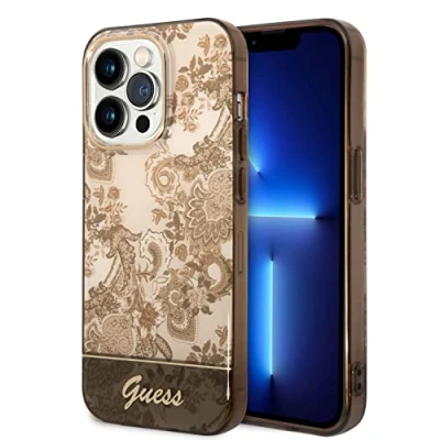 Abbildung von CG MOBILE Guess Handyhülle für iPhone 14 Pro in Ocker IML Hülle, kratzfestes PC/TPU, Bequeme und langlebige Hartschale mit zugänglichen Anschlüssen, Stoßdämpfung Signatur Logo