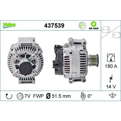 Abbildung von VALEO 437539 Lichtmaschine 14V 180A MERCEDES BENZ: Vito Mixto, E Klasse T modell, Limousine, JEEP: GRAND CHEROKEE 3, Commander kfzteile,