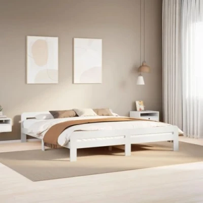 Abbildung von vidaXL Massivholzbett, Holzbett mit Kopfteil Fußteil Lattenrost, Doppelbett für Schlafzimmer, Bett Bettgestell, Weiß 180x200cm Kiefernholz