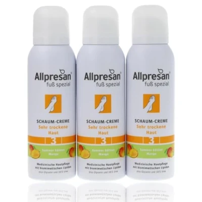 Abbildung von Allpresan Fuß Spezial Nr. 3 Schaum Creme mit Mango Duft Fußcreme für sehr trockene Haut Zur täglichen Fußpflege trockener Füße 3x 125 ml