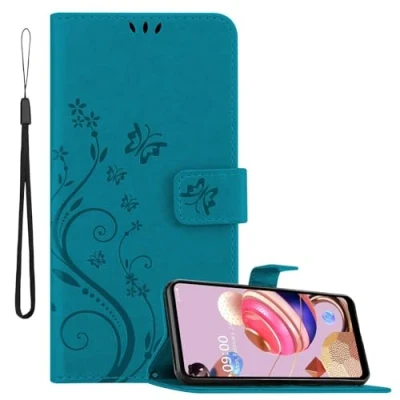 Abbildung von Cadorabo Hülle kompatibel mit LG K51S Blumen Design aus Premium Kunst Leder Flip Klappbare Stoßfeste Magnetische [Standfunktion] [Kartenfächern] Cover Case für Tasche in Blau