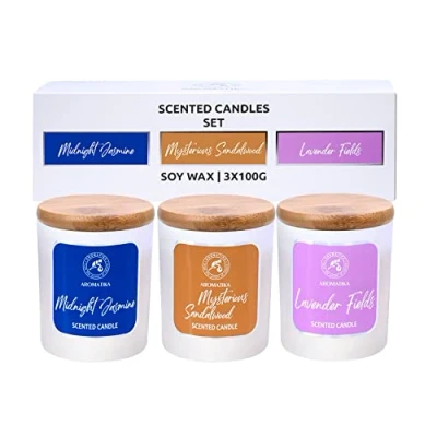 Abbildung von Aroma Kerze Jasmin Sandelholz Lavendel Duftkerzenset 3x100g Sojakerze für Hause Aromatherapie mit Ätherischen Ölen Intensiver Duft Kerzen Raumduft Idee Geburtstag Weihnachten