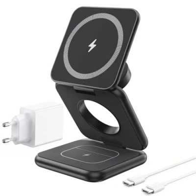 Abbildung von KU XIU X40 3 in 1 Faltbare Magnetische Kabellose Ladestation, Mag Safe Ladestation für iPhone 16/15/14/13/12 Serie, 5W Schnellladegerät Apple Watch und AirPods Pro 4/3/2 Schwarz