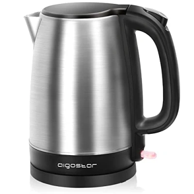 Abbildung von Aigostar Wasserkocher Edelstahl 1,7 L, 2200W Elektrischer mit Kalkfilter, Kabellos, Abschaltautomatik, ideal für Tee, Kaffee, Babynahrung, BPA Frei, Schwarz