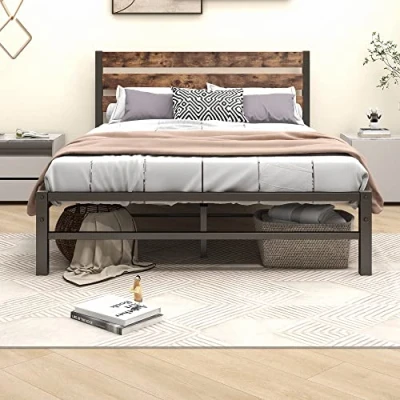 Abbildung von VERFARM Modern Metallbett Bettrahmen, Metall Bett Bettrahmen mit Holz Kopfteil, Bettgestelle Lattenrost für Schlafzimmer Gästezimmer, Einfache Montage, 120 x 200 cm, Schwarz Braun