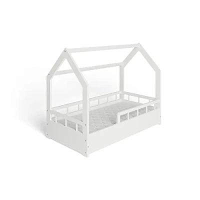 Abbildung von ms factory Hausbett mit Matratze Kinderbett 70x140 cm Rausfallschutz und Lattenrost Einzelbett aus Kiefernholz für Mädchen Junge Weiß