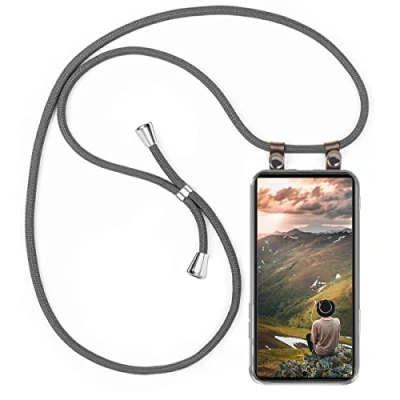 Abbildung von moex Handykette kompatibel mit Samsung Galaxy S23 Ultra Hülle Band Längenverstellbar, Handyhülle zum Umhängen, Silikon Case Transparent Kordel Schnur abnehmbar in Grau