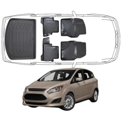 Abbildung von Trimak Passgenau 3D Fussmatten &amp; Kofferraumwanne Auto Set Kompatibel mit Ford C Max 2 Gen 2010 2019 Zubehör Gummimatten Kofferraummatte Autos Allwetter Geruchlos rutschfest Schwarz