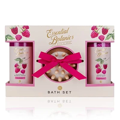 Abbildung von Accentra Badeset, Pflegeset ESSENTIAL BOTANICS FRUITS in Geschenkbox Schaumbad Badesalz Massagebürste Himbeerduft