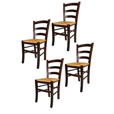 Abbildung von t m c s Tommychairs 4er Set Stühle Venezia für Küche und Esszimmer, Robuste Struktur aus lackiertem Buchenholz im Farbton Dunkles Nussbraun Sitzfläche Stroh
