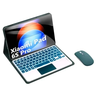 Abbildung von HLTOOP Tastatur Hülle für Xiaomi Pad 6S Pro (2024) 12,4 Zoll, 7 Farbige Bluetooth mit Hintergrundbeleuchtung Und Touchpad, Weiche TPU Rückseite, Maus,Deep Green