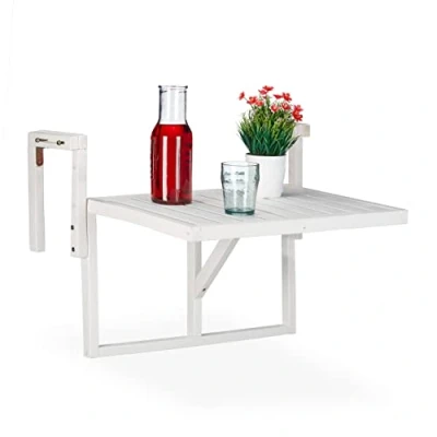 Abbildung von Relaxdays Balkontisch klappbar, Balkonklapptisch zum Einhängen, höhenverstellbar, Tannenholz, 90% Holz,weiß,55 x 70 65 cm