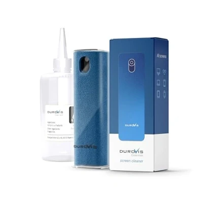 Abbildung von Display Reiniger Durovis Essentials, Screen Cleaner, Bildschirmreiniger mit Mikrofasertuch inklusive 80ml Glasreiniger ohne Alkohol für Auto/Smartphone/Laptop/Tablet (blau)