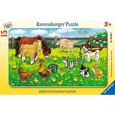 Abbildung von Ravensburger Puzzle Bauernhoftiere auf der Wiese. Rahmenpuzzle 15 Teile, Puzzleteile