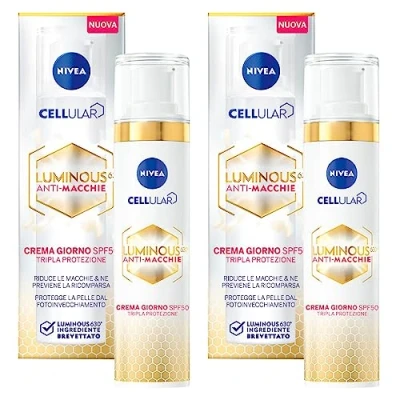 Abbildung von Nivea Cellular Luminous630 Tagescreme gegen dunkle Flecken, LSF 50, dreifacher Schutz, mit Hyaluronsäure und Vitamin E, feuchtigkeitsspendend, mattierend, gleichmäßig, 2 Flaschen à 40 ml