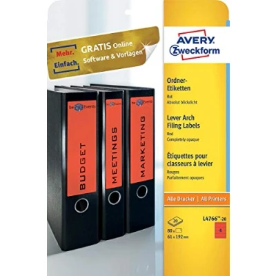 Abbildung von AVERY Zweckform L4766 20 Ordnerrücken Etiketten (80 Rückenschilder mit ultragrip, 61x192mm auf A4, breit/kurz, selbstklebend, absolut blickdicht, bedruckbare Ordneretiketten) Blatt, rot