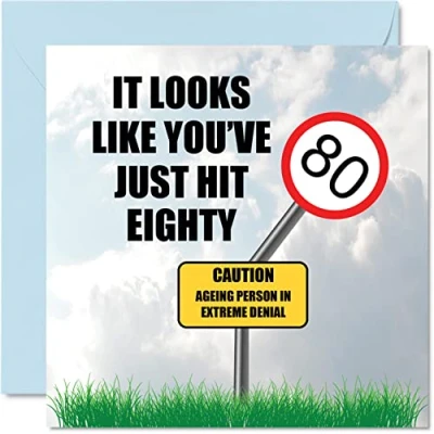 Abbildung von Stuff4 Lustige Geburtstagskarte zum 80. Geburtstag für Männer und Frauen Just Hit Eighty Happy Birthday Karte Vater, Mutter, Bruder, Schwester, Großvater, Oma, Onkel, Tante, 145 mm x