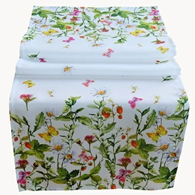 Abbildung von Raebel Tischläufer 40 x 140 cm Tischdecke Ostern Tischdeko weiß mit bunten Blumen und Schmetterlingen