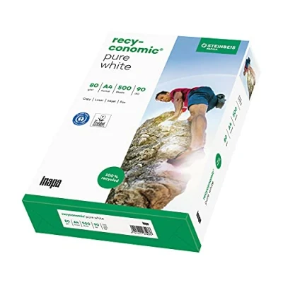 Abbildung von inapa Recycling Papier, Druckerpapier Recyconomic PureWhite: 80 g/m², A4, 500 Blatt, matt, weiß