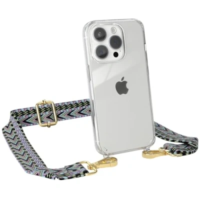 Abbildung von EAZY CASE Handykette mit verstellbarem Trageriemen für iPhone 15 Pro Taschengurt zum Wechseln transparenter Handyhülle Hülle dünner Schulterriemen in Lila Grün Gold