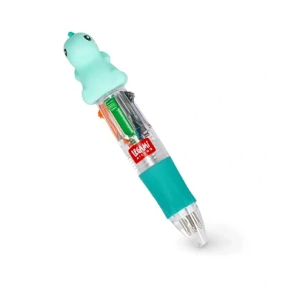 Abbildung von Legami Mini Kugelschreiber 4 Farben, Magic Rainbow, Farben Tinte, Grün, Blau, Orange, Schwarz, Spitze 1 mm, ergonomischer Griff aus Silikon, Durchmesser 2,3 cm, Höhe 10 Dino