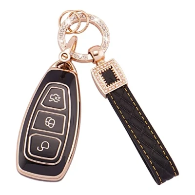Abbildung von Koaudb Autoschlüssel Hülle Cover Passt für Ford Fiesta Focus C Max Galaxy B Grand Kuga Mondeo S 3 Tasten Schlüsseletui TPU Schlüsselhülle mit Lederanhänger Schlüsselanhänger (BP Frd 3)