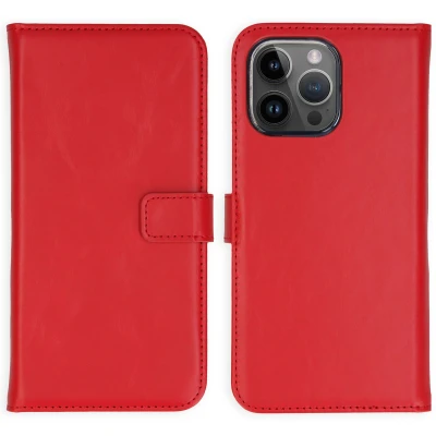 Abbildung von Apple iPhone 15 Pro Max Hülle Echtleder Selencia Klapphülle Handyhülle Rot