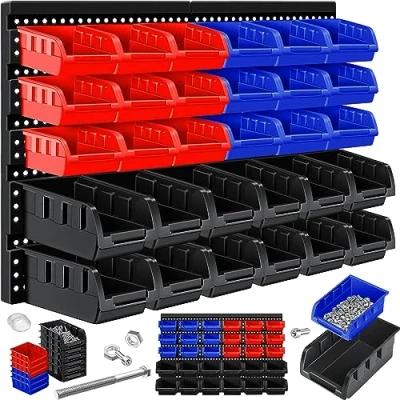 Abbildung von MASKO® Stapelboxen + Wandregal 32 teiliges Set Box Sichtlagerkästen Schüttenregal Steckregal, Hängeregal, Sortimentskasten, Kleinteilemagazin, Werkstatt Regal, Schwarz/Blau/Rot
