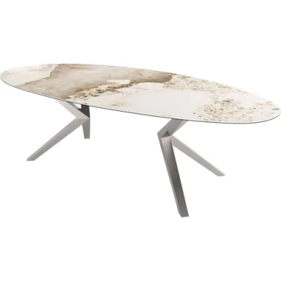Abbildung von Esstisch Edge Oval 280x130 Keramik Minas Melange Weiß Beige Zenthara kantig Edelstahl