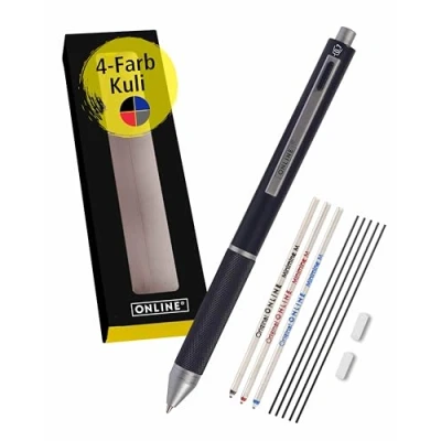 Abbildung von 𝗢𝗡𝗟𝗜𝗡𝗘 Multipen 4 in 1 Schwarz Kugelschreiber &amp; Bleistift Multifunktionsstift Metall 3x Mine blau,schwarz, rot, 1x Druckbleistift inkl. Radiergummi, Geschenkbox